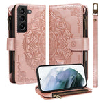 Custodia per telefono in ecopelle vegana con cerniera, protezione RFID e cordino corto, con motivo mandala in rilievo, 9 scomparti per carte e scomparto RFID., For Galaxy S21 5G, For Galaxy S21+ 5G, For Galaxy S21 Ultra 5G