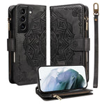 Custodia per telefono in ecopelle vegana con cerniera, protezione RFID e cordino corto, con motivo mandala in rilievo, 9 scomparti per carte e scomparto RFID., For Galaxy S21 5G, For Galaxy S21+ 5G, For Galaxy S21 Ultra 5G