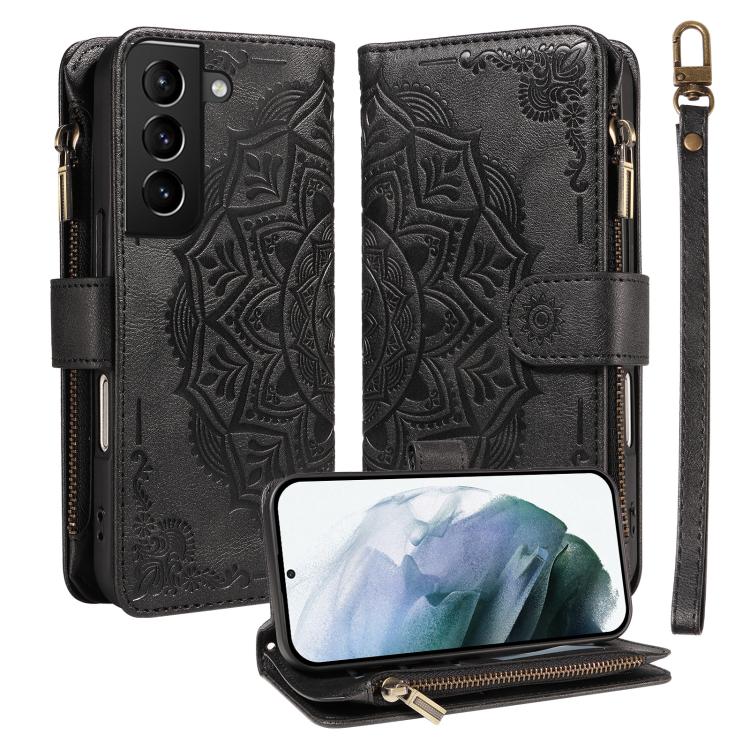 Custodia per telefono in ecopelle vegana con cerniera, protezione RFID e cordino corto, con motivo mandala in rilievo, 9 scomparti per carte e scomparto RFID., For Galaxy S21 5G, For Galaxy S21+ 5G, For Galaxy S21 Ultra 5G