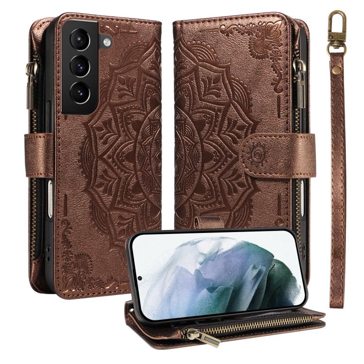 Custodia per telefono in ecopelle vegana con cerniera, protezione RFID e cordino corto, con motivo mandala in rilievo, 9 scomparti per carte e scomparto RFID., For Galaxy S21 5G, For Galaxy S21+ 5G, For Galaxy S21 Ultra 5G