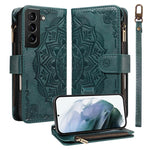 Custodia per telefono in ecopelle vegana con cerniera, protezione RFID e cordino corto, con motivo mandala in rilievo, 9 scomparti per carte e scomparto RFID., For Galaxy S21 5G, For Galaxy S21+ 5G, For Galaxy S21 Ultra 5G