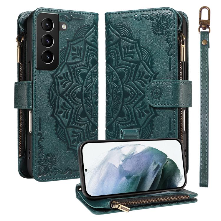 Custodia per telefono in ecopelle vegana con cerniera, protezione RFID e cordino corto, con motivo mandala in rilievo, 9 scomparti per carte e scomparto RFID., For Galaxy S21 5G, For Galaxy S21+ 5G, For Galaxy S21 Ultra 5G