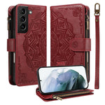 Custodia per telefono in ecopelle vegana con cerniera, protezione RFID e cordino corto, con motivo mandala in rilievo, 9 scomparti per carte e scomparto RFID., For Galaxy S21 5G, For Galaxy S21+ 5G, For Galaxy S21 Ultra 5G