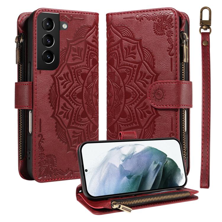 Custodia per telefono in ecopelle vegana con cerniera, protezione RFID e cordino corto, con motivo mandala in rilievo, 9 scomparti per carte e scomparto RFID., For Galaxy S21 5G, For Galaxy S21+ 5G, For Galaxy S21 Ultra 5G