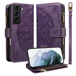 Custodia per telefono in ecopelle vegana con cerniera, protezione RFID e cordino corto, con motivo mandala in rilievo, 9 scomparti per carte e scomparto RFID., For Galaxy S21 5G, For Galaxy S21+ 5G, For Galaxy S21 Ultra 5G