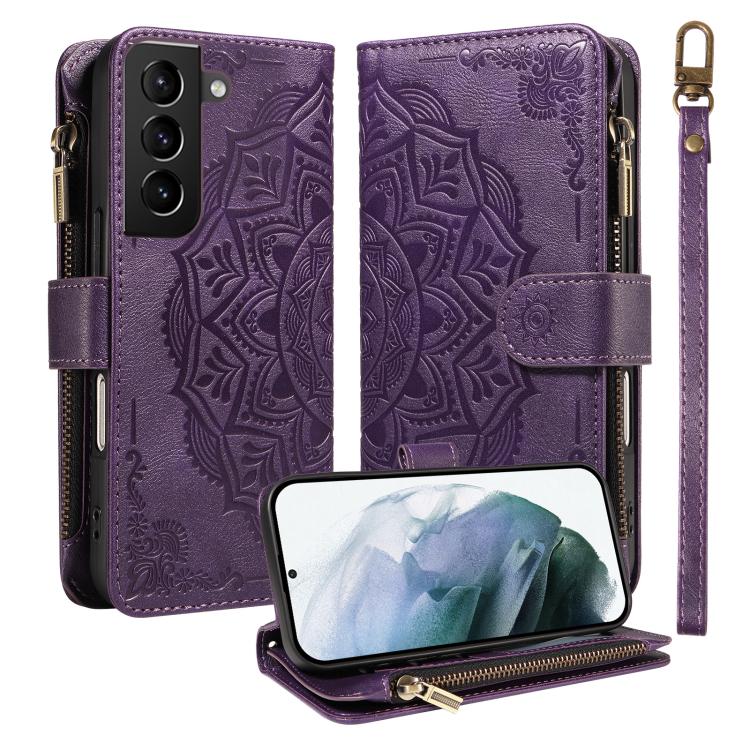 Custodia per telefono in ecopelle vegana con cerniera, protezione RFID e cordino corto, con motivo mandala in rilievo, 9 scomparti per carte e scomparto RFID., For Galaxy S21 5G, For Galaxy S21+ 5G, For Galaxy S21 Ultra 5G