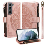 Custodia per telefono in ecopelle vegana con cerniera, protezione RFID e cordino corto, con motivo mandala in rilievo, 9 scomparti per carte e scomparto RFID., For Galaxy S21 5G, For Galaxy S21+ 5G, For Galaxy S21 Ultra 5G