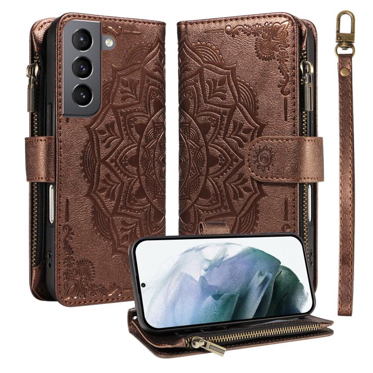 Custodia per telefono in ecopelle vegana con cerniera, protezione RFID e cordino corto, con motivo mandala in rilievo, 9 scomparti per carte e scomparto RFID., For Galaxy S21 5G, For Galaxy S21+ 5G, For Galaxy S21 Ultra 5G