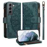 Custodia per telefono in ecopelle vegana con cerniera, protezione RFID e cordino corto, con motivo mandala in rilievo, 9 scomparti per carte e scomparto RFID., For Galaxy S21 5G, For Galaxy S21+ 5G, For Galaxy S21 Ultra 5G