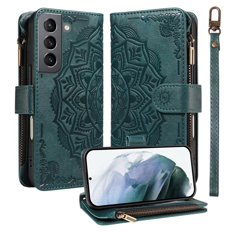 Custodia per telefono in ecopelle vegana con cerniera, protezione RFID e cordino corto, con motivo mandala in rilievo, 9 scomparti per carte e scomparto RFID., For Galaxy S21 5G, For Galaxy S21+ 5G, For Galaxy S21 Ultra 5G