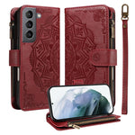 Custodia per telefono in ecopelle vegana con cerniera, protezione RFID e cordino corto, con motivo mandala in rilievo, 9 scomparti per carte e scomparto RFID., For Galaxy S21 5G, For Galaxy S21+ 5G, For Galaxy S21 Ultra 5G