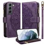 Custodia per telefono in ecopelle vegana con cerniera, protezione RFID e cordino corto, con motivo mandala in rilievo, 9 scomparti per carte e scomparto RFID., For Galaxy S21 5G, For Galaxy S21+ 5G, For Galaxy S21 Ultra 5G