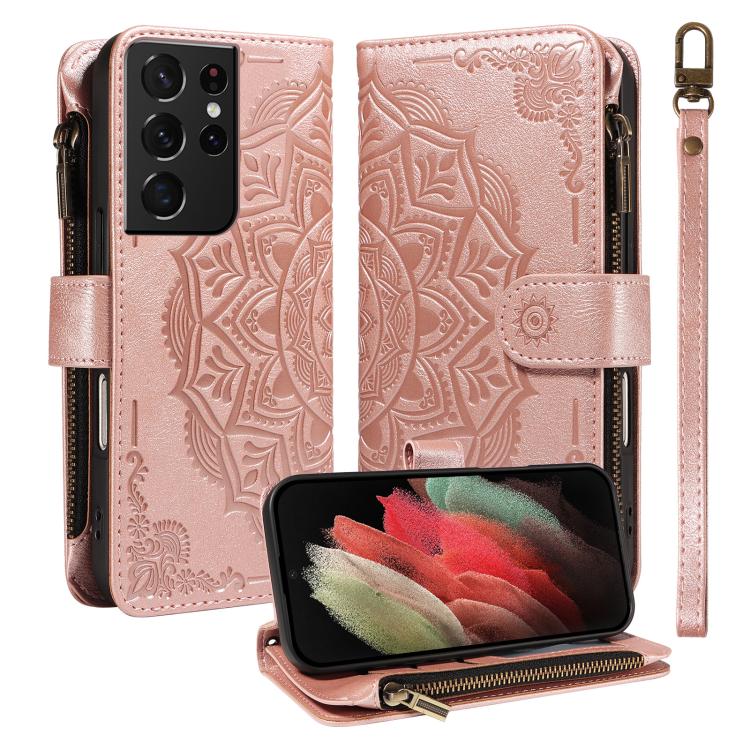 Custodia per telefono in ecopelle vegana con cerniera, protezione RFID e cordino corto, con motivo mandala in rilievo, 9 scomparti per carte e scomparto RFID., For Galaxy S21 5G, For Galaxy S21+ 5G, For Galaxy S21 Ultra 5G
