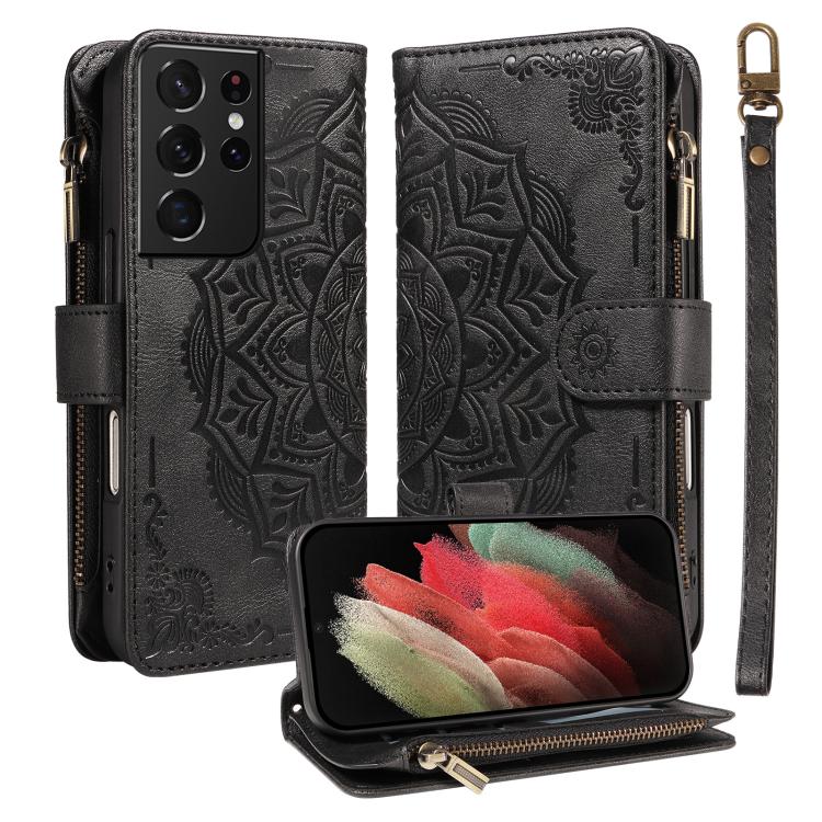 Custodia per telefono in ecopelle vegana con cerniera, protezione RFID e cordino corto, con motivo mandala in rilievo, 9 scomparti per carte e scomparto RFID., For Galaxy S21 5G, For Galaxy S21+ 5G, For Galaxy S21 Ultra 5G