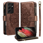Custodia per telefono in ecopelle vegana con cerniera, protezione RFID e cordino corto, con motivo mandala in rilievo, 9 scomparti per carte e scomparto RFID., For Galaxy S21 5G, For Galaxy S21+ 5G, For Galaxy S21 Ultra 5G