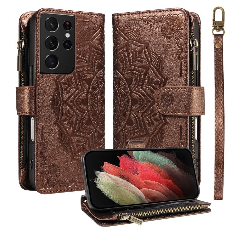 Custodia per telefono in ecopelle vegana con cerniera, protezione RFID e cordino corto, con motivo mandala in rilievo, 9 scomparti per carte e scomparto RFID., For Galaxy S21 5G, For Galaxy S21+ 5G, For Galaxy S21 Ultra 5G