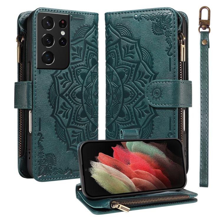 Custodia per telefono in ecopelle vegana con cerniera, protezione RFID e cordino corto, con motivo mandala in rilievo, 9 scomparti per carte e scomparto RFID., For Galaxy S21 5G, For Galaxy S21+ 5G, For Galaxy S21 Ultra 5G