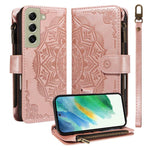 Custodia per telefono in ecopelle vegana con cerniera, protezione RFID e cordino corto, con motivo mandala in rilievo, 9 scomparti per carte e scomparto RFID., For Galaxy S22 Ultra 5G, For Galaxy S22+ 5G, For Galaxy S22 5G, For Galaxy S21 FE 5G