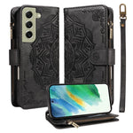 Custodia per telefono in ecopelle vegana con cerniera, protezione RFID e cordino corto, con motivo mandala in rilievo, 9 scomparti per carte e scomparto RFID., For Galaxy S22 Ultra 5G, For Galaxy S22+ 5G, For Galaxy S22 5G, For Galaxy S21 FE 5G