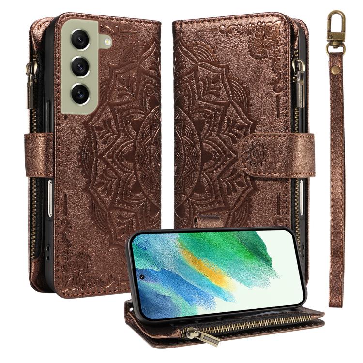Custodia per telefono in ecopelle vegana con cerniera, protezione RFID e cordino corto, con motivo mandala in rilievo, 9 scomparti per carte e scomparto RFID., For Galaxy S22 Ultra 5G, For Galaxy S22+ 5G, For Galaxy S22 5G, For Galaxy S21 FE 5G