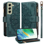Custodia per telefono in ecopelle vegana con cerniera, protezione RFID e cordino corto, con motivo mandala in rilievo, 9 scomparti per carte e scomparto RFID., For Galaxy S22 Ultra 5G, For Galaxy S22+ 5G, For Galaxy S22 5G, For Galaxy S21 FE 5G