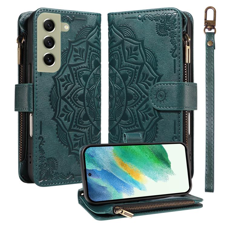 Custodia per telefono in ecopelle vegana con cerniera, protezione RFID e cordino corto, con motivo mandala in rilievo, 9 scomparti per carte e scomparto RFID., For Galaxy S22 Ultra 5G, For Galaxy S22+ 5G, For Galaxy S22 5G, For Galaxy S21 FE 5G