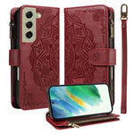 Custodia per telefono in ecopelle vegana con cerniera, protezione RFID e cordino corto, con motivo mandala in rilievo, 9 scomparti per carte e scomparto RFID., For Galaxy S22 Ultra 5G, For Galaxy S22+ 5G, For Galaxy S22 5G, For Galaxy S21 FE 5G