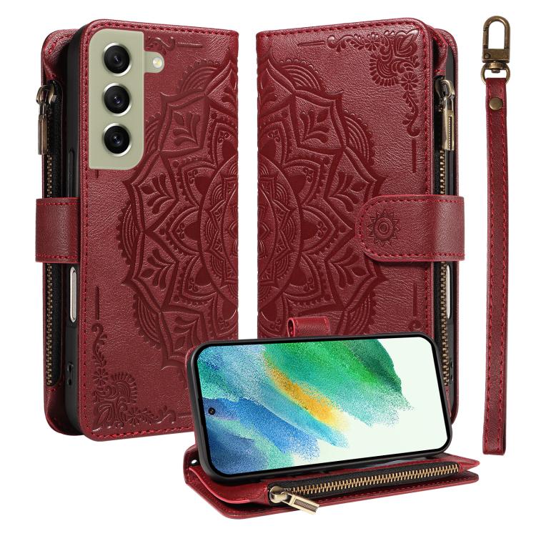 Custodia per telefono in ecopelle vegana con cerniera, protezione RFID e cordino corto, con motivo mandala in rilievo, 9 scomparti per carte e scomparto RFID., For Galaxy S22 Ultra 5G, For Galaxy S22+ 5G, For Galaxy S22 5G, For Galaxy S21 FE 5G
