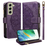 Custodia per telefono in ecopelle vegana con cerniera, protezione RFID e cordino corto, con motivo mandala in rilievo, 9 scomparti per carte e scomparto RFID., For Galaxy S22 Ultra 5G, For Galaxy S22+ 5G, For Galaxy S22 5G, For Galaxy S21 FE 5G