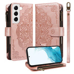 Custodia per telefono in ecopelle vegana con cerniera, protezione RFID e cordino corto, con motivo mandala in rilievo, 9 scomparti per carte e scomparto RFID., For Galaxy S22 Ultra 5G, For Galaxy S22+ 5G, For Galaxy S22 5G, For Galaxy S21 FE 5G