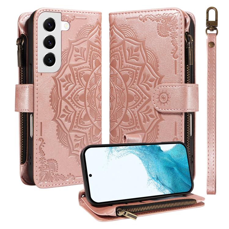 Custodia per telefono in ecopelle vegana con cerniera, protezione RFID e cordino corto, con motivo mandala in rilievo, 9 scomparti per carte e scomparto RFID., For Galaxy S22 Ultra 5G, For Galaxy S22+ 5G, For Galaxy S22 5G, For Galaxy S21 FE 5G