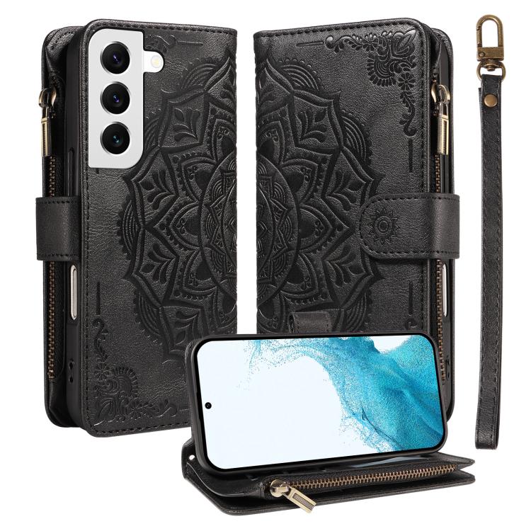 Custodia per telefono in ecopelle vegana con cerniera, protezione RFID e cordino corto, con motivo mandala in rilievo, 9 scomparti per carte e scomparto RFID., For Galaxy S22 Ultra 5G, For Galaxy S22+ 5G, For Galaxy S22 5G, For Galaxy S21 FE 5G