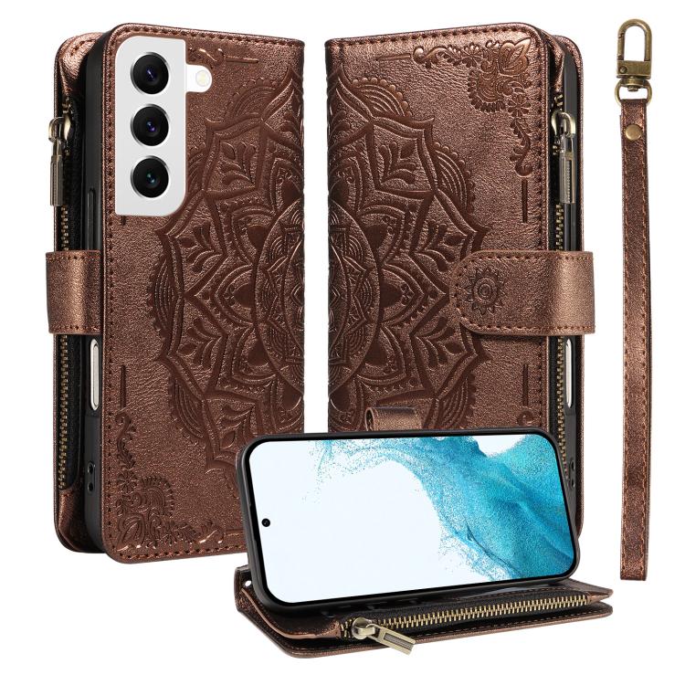 Custodia per telefono in ecopelle vegana con cerniera, protezione RFID e cordino corto, con motivo mandala in rilievo, 9 scomparti per carte e scomparto RFID., For Galaxy S22 Ultra 5G, For Galaxy S22+ 5G, For Galaxy S22 5G, For Galaxy S21 FE 5G