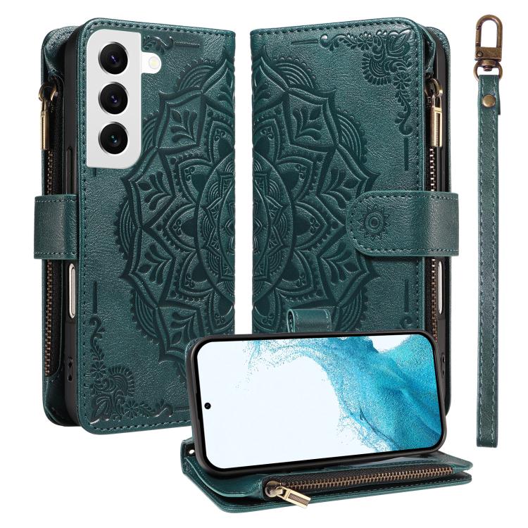 Custodia per telefono in ecopelle vegana con cerniera, protezione RFID e cordino corto, con motivo mandala in rilievo, 9 scomparti per carte e scomparto RFID., For Galaxy S22 Ultra 5G, For Galaxy S22+ 5G, For Galaxy S22 5G, For Galaxy S21 FE 5G