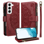 Custodia per telefono in ecopelle vegana con cerniera, protezione RFID e cordino corto, con motivo mandala in rilievo, 9 scomparti per carte e scomparto RFID., For Galaxy S22 Ultra 5G, For Galaxy S22+ 5G, For Galaxy S22 5G, For Galaxy S21 FE 5G