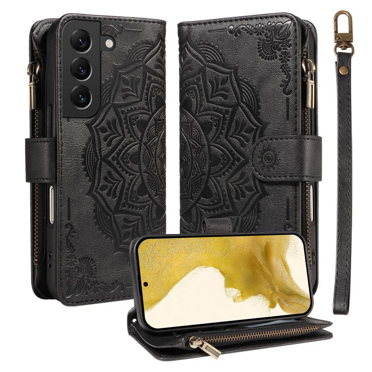 Custodia per telefono in ecopelle vegana con cerniera, protezione RFID e cordino corto, con motivo mandala in rilievo, 9 scomparti per carte e scomparto RFID., For Galaxy S22 Ultra 5G, For Galaxy S22+ 5G, For Galaxy S22 5G, For Galaxy S21 FE 5G
