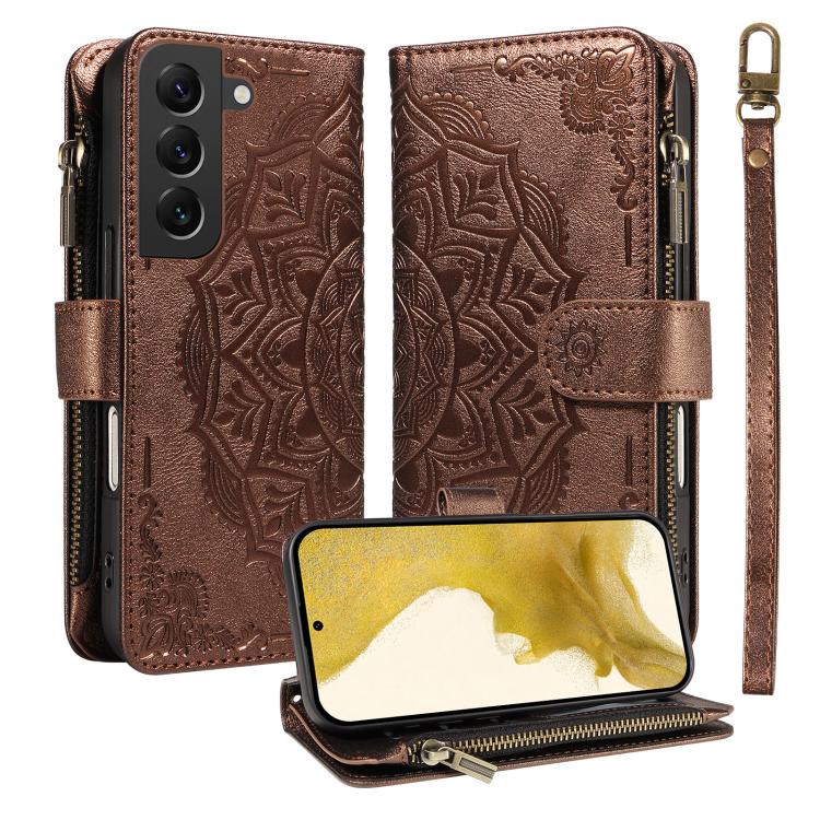 Custodia per telefono in ecopelle vegana con cerniera, protezione RFID e cordino corto, con motivo mandala in rilievo, 9 scomparti per carte e scomparto RFID., For Galaxy S22 Ultra 5G, For Galaxy S22+ 5G, For Galaxy S22 5G, For Galaxy S21 FE 5G