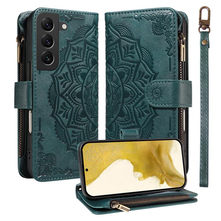Custodia per telefono in ecopelle vegana con cerniera, protezione RFID e cordino corto, con motivo mandala in rilievo, 9 scomparti per carte e scomparto RFID., For Galaxy S22 Ultra 5G, For Galaxy S22+ 5G, For Galaxy S22 5G, For Galaxy S21 FE 5G