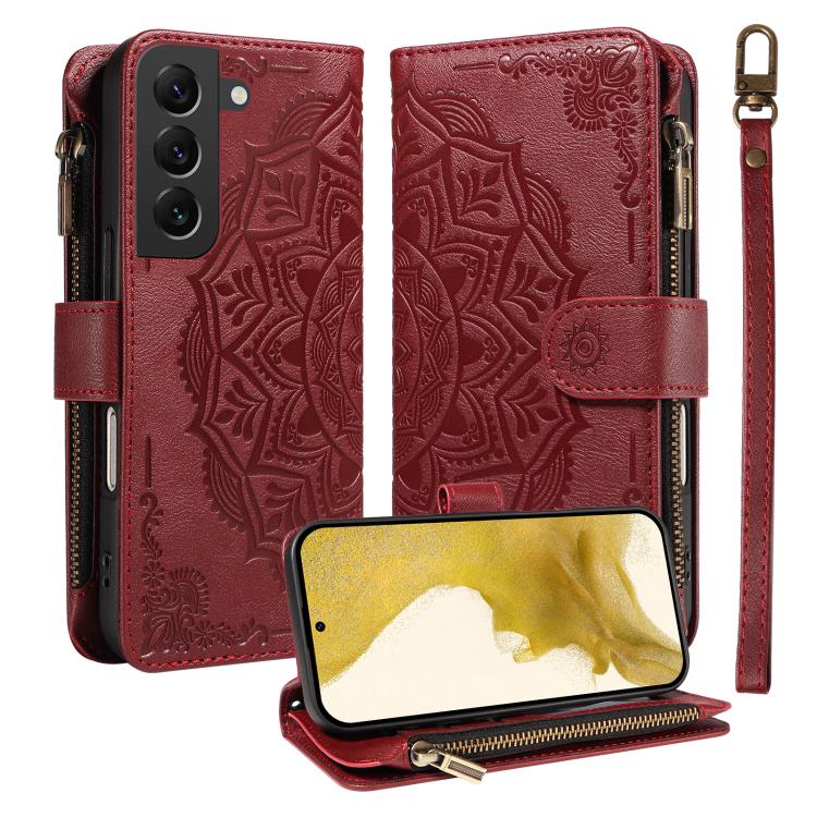 Custodia per telefono in ecopelle vegana con cerniera, protezione RFID e cordino corto, con motivo mandala in rilievo, 9 scomparti per carte e scomparto RFID., For Galaxy S22 Ultra 5G, For Galaxy S22+ 5G, For Galaxy S22 5G, For Galaxy S21 FE 5G