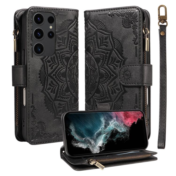 Custodia per telefono in ecopelle vegana con cerniera, protezione RFID e cordino corto, con motivo mandala in rilievo, 9 scomparti per carte e scomparto RFID., For Galaxy S22 Ultra 5G, For Galaxy S22+ 5G, For Galaxy S22 5G, For Galaxy S21 FE 5G