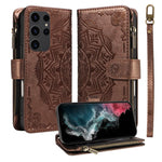 Custodia per telefono in ecopelle vegana con cerniera, protezione RFID e cordino corto, con motivo mandala in rilievo, 9 scomparti per carte e scomparto RFID., For Galaxy S22 Ultra 5G, For Galaxy S22+ 5G, For Galaxy S22 5G, For Galaxy S21 FE 5G