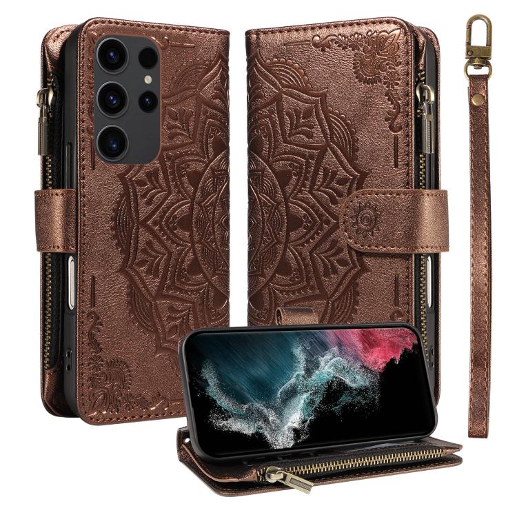 Custodia per telefono in ecopelle vegana con cerniera, protezione RFID e cordino corto, con motivo mandala in rilievo, 9 scomparti per carte e scomparto RFID., For Galaxy S22 Ultra 5G, For Galaxy S22+ 5G, For Galaxy S22 5G, For Galaxy S21 FE 5G