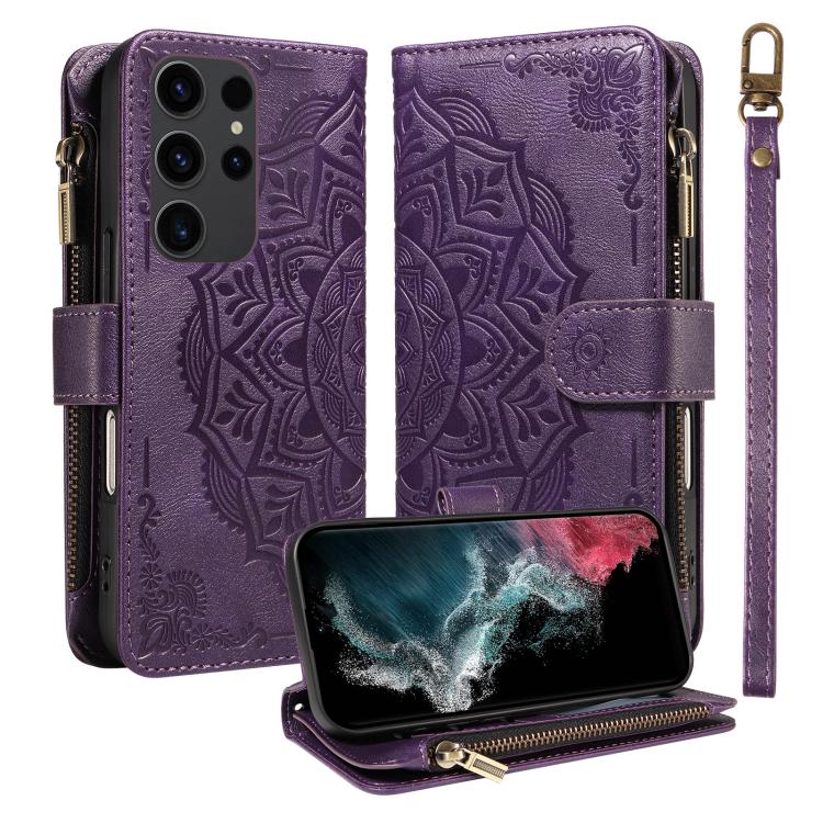 Custodia per telefono in ecopelle vegana con cerniera, protezione RFID e cordino corto, con motivo mandala in rilievo, 9 scomparti per carte e scomparto RFID., For Galaxy S22 Ultra 5G, For Galaxy S22+ 5G, For Galaxy S22 5G, For Galaxy S21 FE 5G