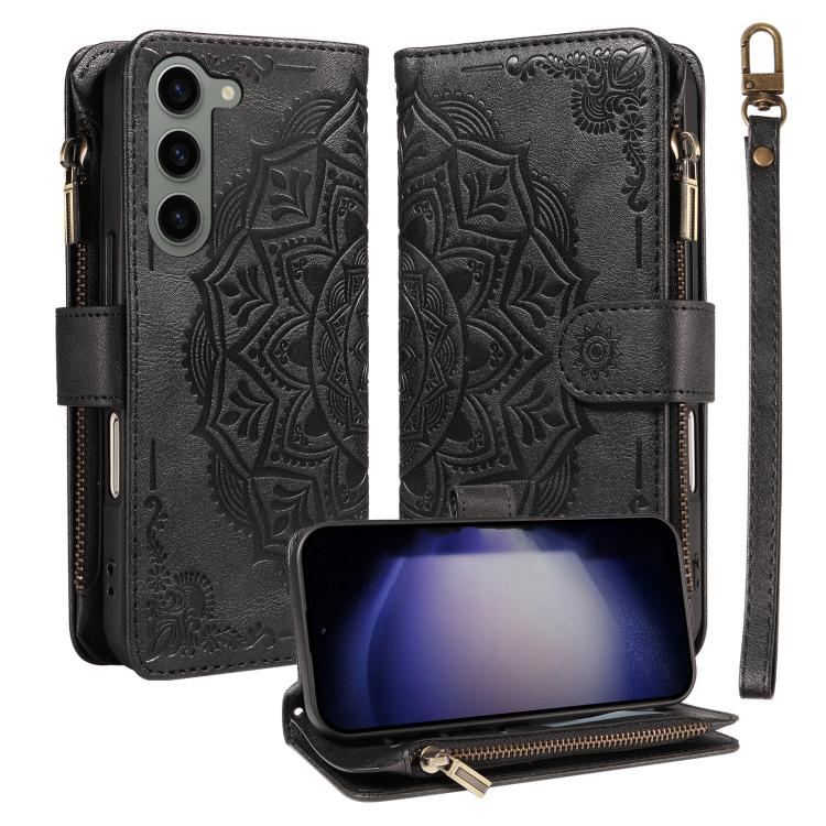 Custodia per telefono in ecopelle vegana con cerniera, protezione RFID e cordino corto, con motivo mandala in rilievo, 9 scomparti per carte e scomparto RFID., For Galaxy S23 FE 5G, For Galaxy S23 Ultra 5G, For Galaxy S23+ 5G, For Galaxy S23 5G