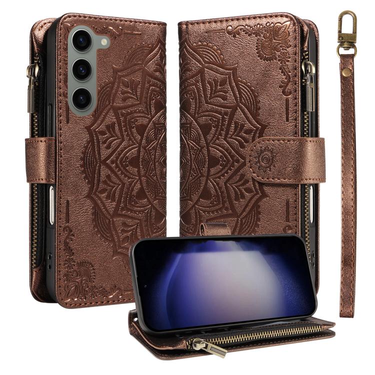 Custodia per telefono in ecopelle vegana con cerniera, protezione RFID e cordino corto, con motivo mandala in rilievo, 9 scomparti per carte e scomparto RFID., For Galaxy S23 FE 5G, For Galaxy S23 Ultra 5G, For Galaxy S23+ 5G, For Galaxy S23 5G