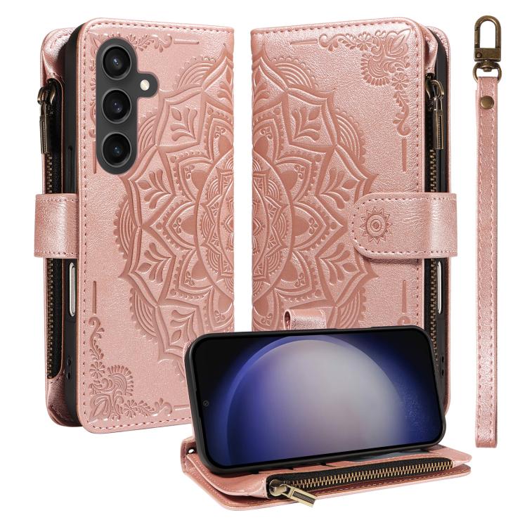 Custodia per telefono in ecopelle vegana con cerniera, protezione RFID e cordino corto, con motivo mandala in rilievo, 9 scomparti per carte e scomparto RFID., For Galaxy S23 FE 5G, For Galaxy S23 Ultra 5G, For Galaxy S23+ 5G, For Galaxy S23 5G