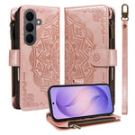 Custodia per telefono in ecopelle vegana con cerniera, protezione RFID e cordino corto, con motivo mandala in rilievo, 9 scomparti per carte e scomparto RFID., For Galaxy S26 FE 5G, For Galaxy S26+ 5G, For Galaxy S26 Edge 5G, For Galaxy S26 Ultra 5G