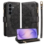Custodia per telefono in ecopelle vegana con cerniera, protezione RFID e cordino corto, con motivo mandala in rilievo, 9 scomparti per carte e scomparto RFID., For Galaxy S26 FE 5G, For Galaxy S26+ 5G, For Galaxy S26 Edge 5G, For Galaxy S26 Ultra 5G
