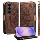 Custodia per telefono in ecopelle vegana con cerniera, protezione RFID e cordino corto, con motivo mandala in rilievo, 9 scomparti per carte e scomparto RFID., For Galaxy S26 FE 5G, For Galaxy S26+ 5G, For Galaxy S26 Edge 5G, For Galaxy S26 Ultra 5G