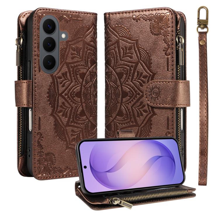 Custodia per telefono in ecopelle vegana con cerniera, protezione RFID e cordino corto, con motivo mandala in rilievo, 9 scomparti per carte e scomparto RFID., For Galaxy S26 FE 5G, For Galaxy S26+ 5G, For Galaxy S26 Edge 5G, For Galaxy S26 Ultra 5G